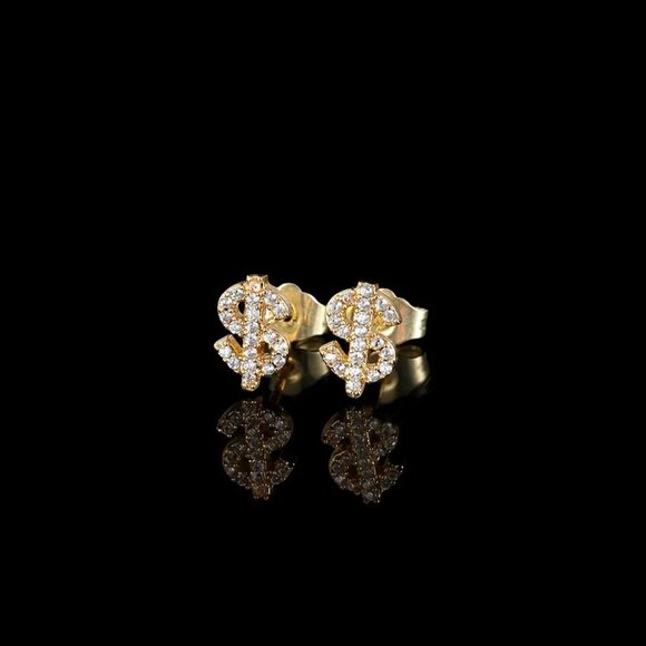 π Dollar Sign Diamond Studded Earrings, 18K Yellow Gold Hypoallergenic π - Picture 2 of 4